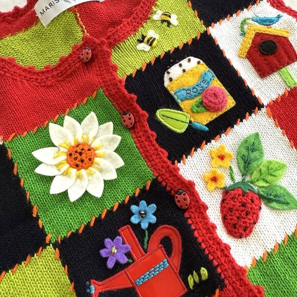 Vtg Marisa Christina Gardener Spring Vest Artsy 3D Bugs Fruit Veggies Frog Sz S - Picture 5 of 6